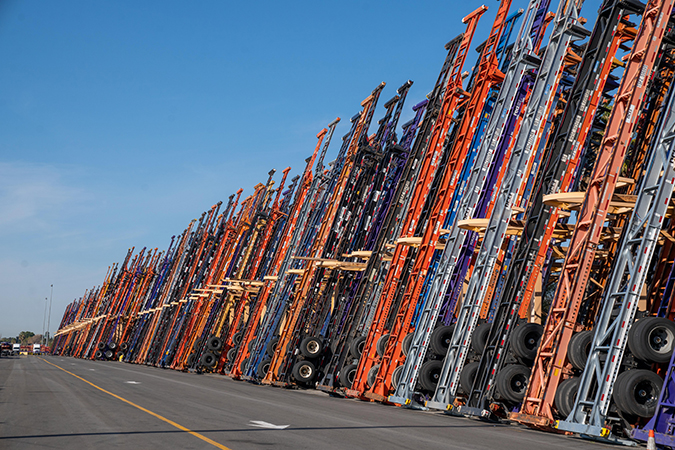 Chassis stacked and sorted at San Bernardino Intermodal Facility in California Chassis stacked and sorted at San Bernardino Intermodal Facility in California